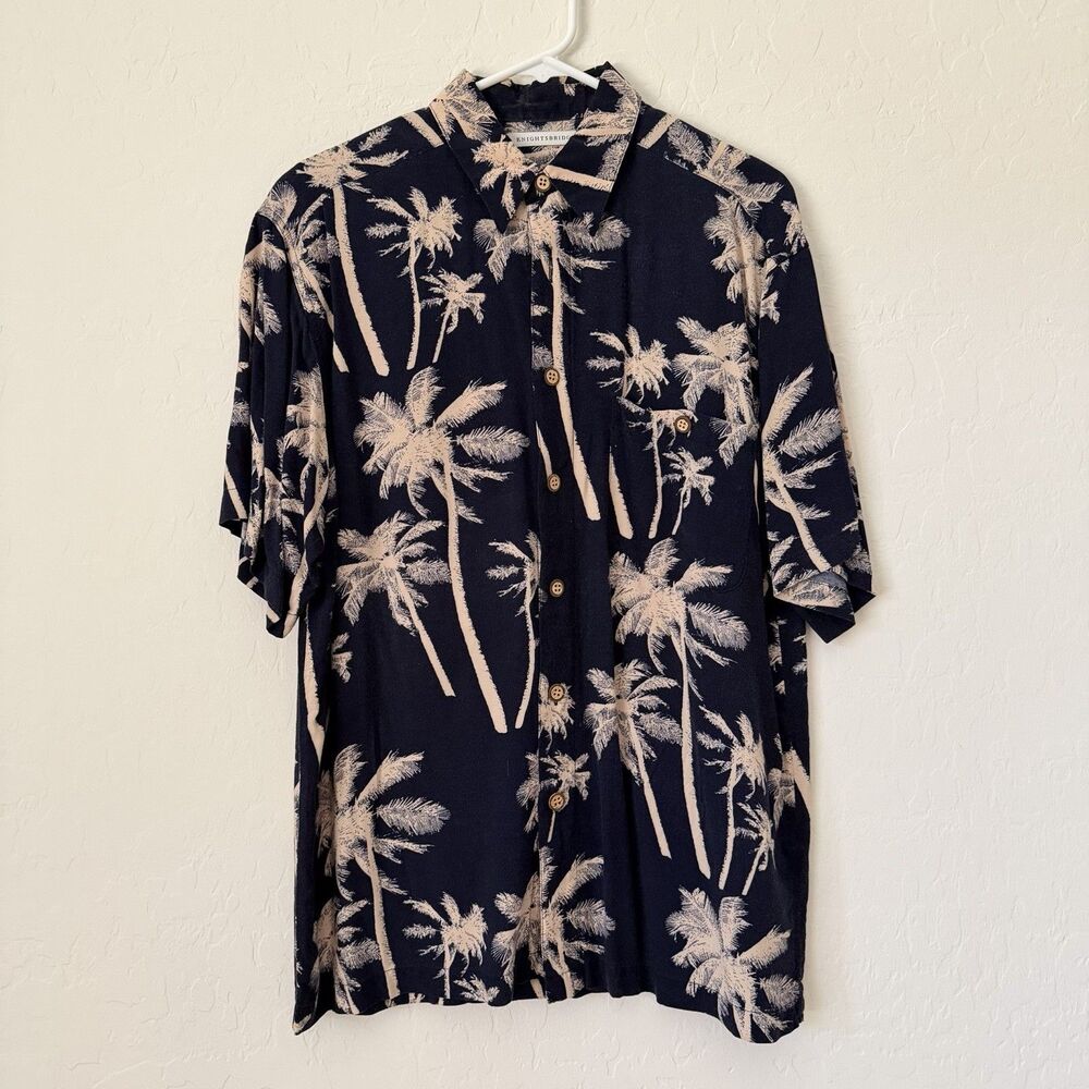 Vintage Knightsbridge Hawaiian Shirt Mens M Rayon Palm Tree Aloha Navy 90s
